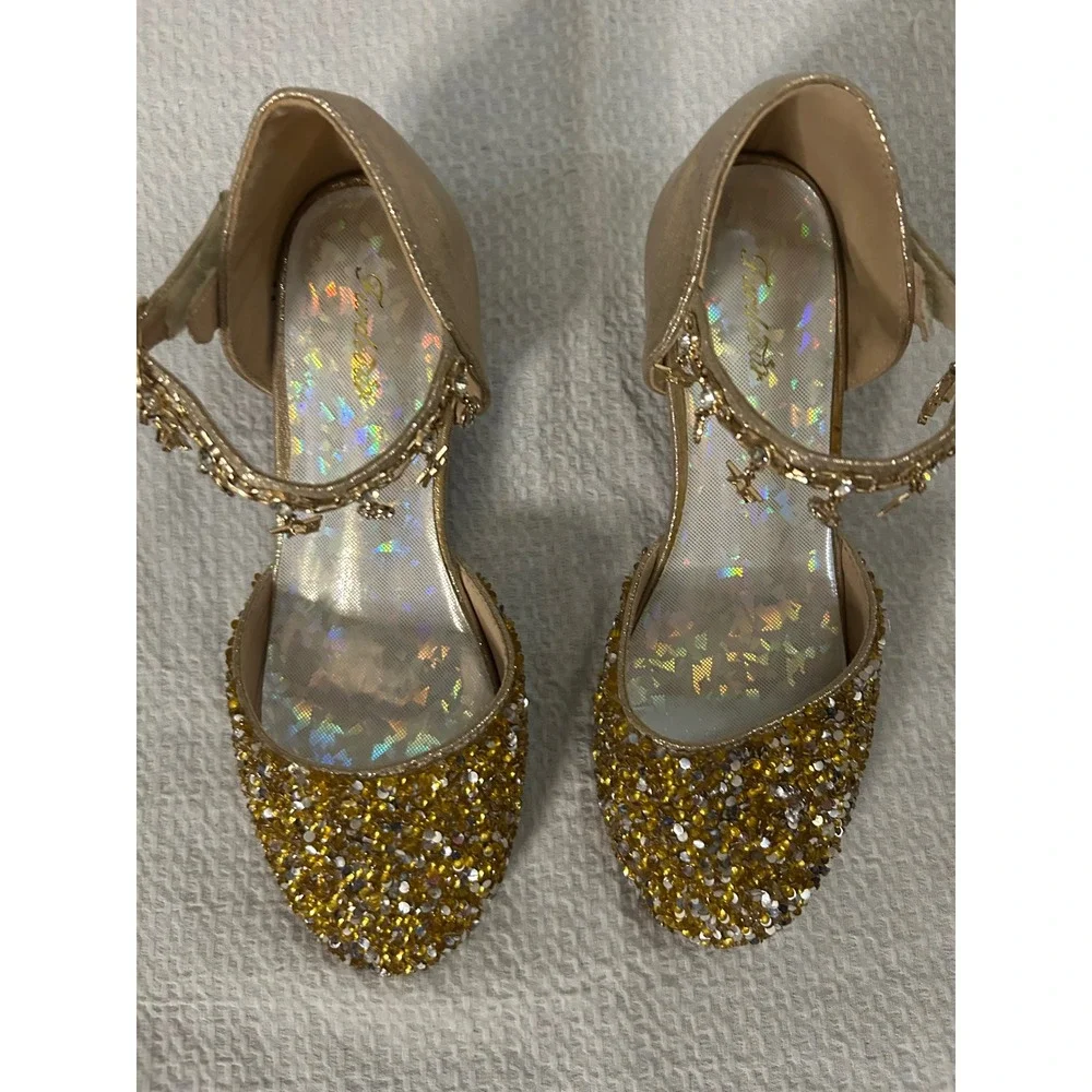 Girls Gold Fairytail Princess Sequin Star Charm Shoes Kitten Heel Pageant Sz3